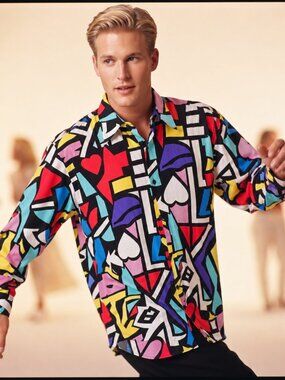 Big Dart Unisex Mens M Fit Abstract Geometric Pop Art Button Up Shirt Retro NWT